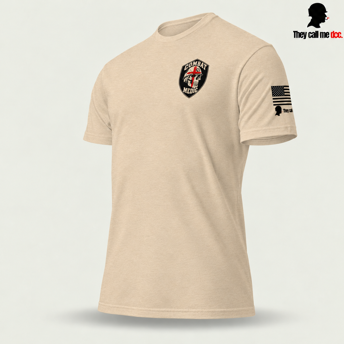 Combat Medic Skull T-Shirt, heather tan angle view