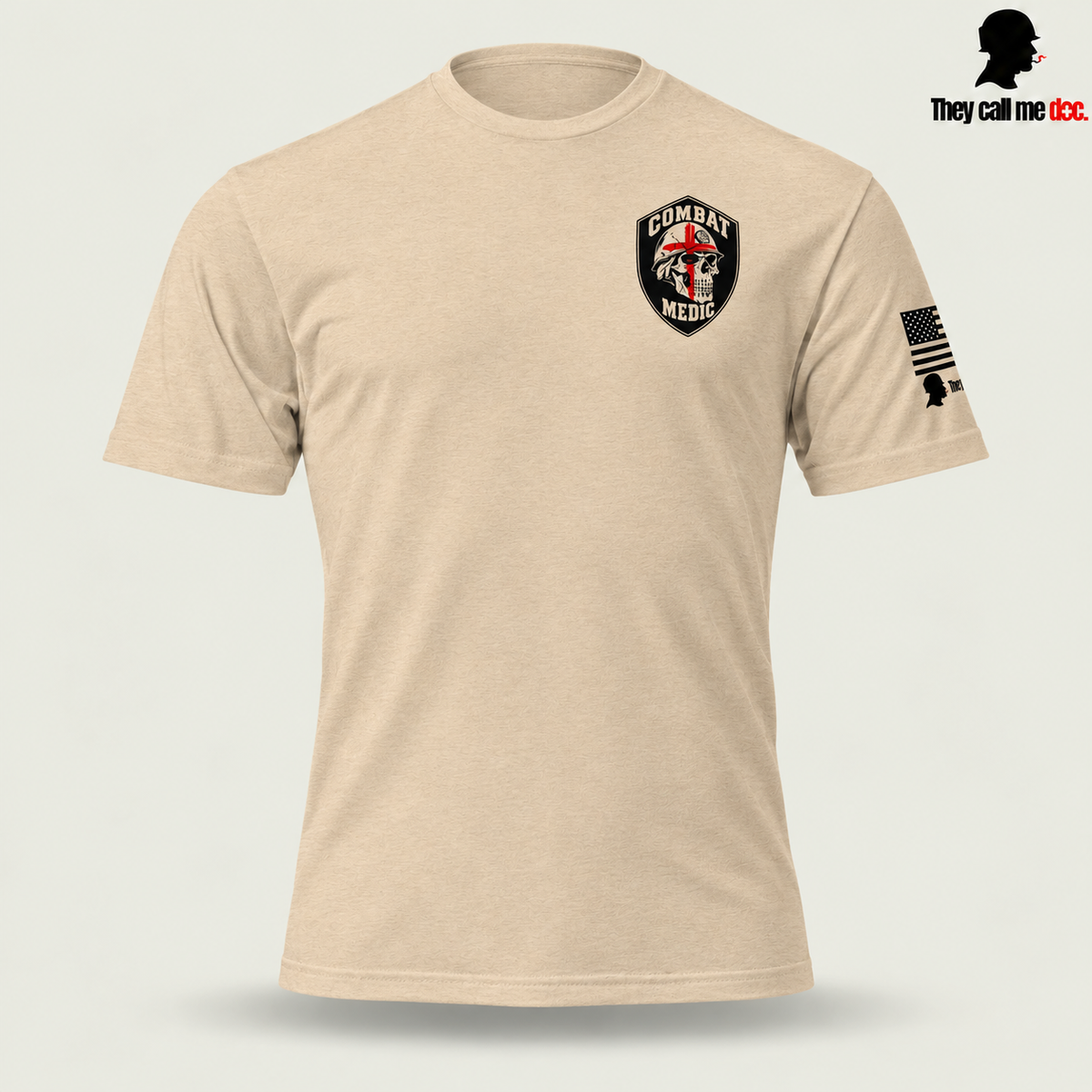 Combat Medic Skull T-Shirt, heather tan front view