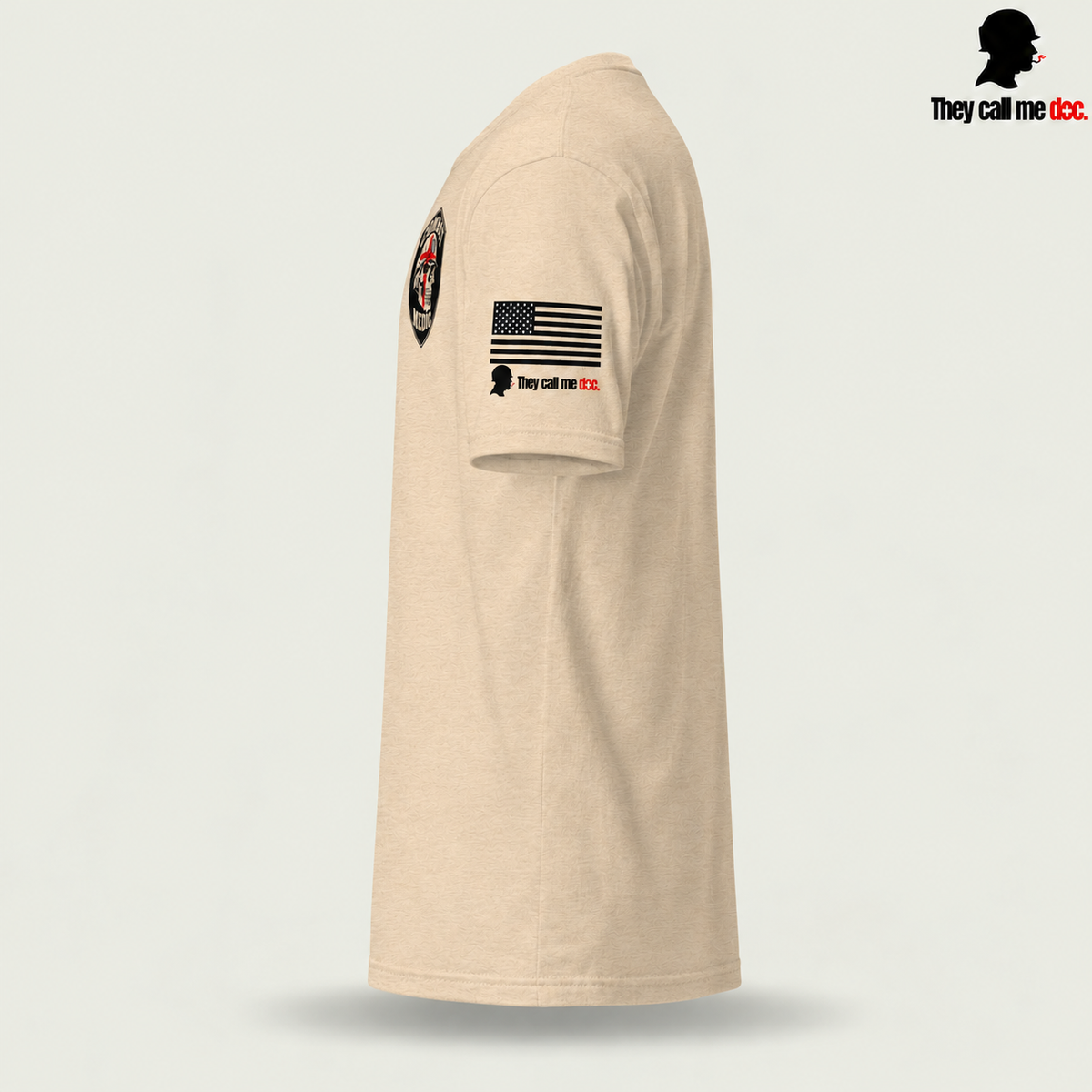 Combat Medic Skull T-Shirt, heather tan side view