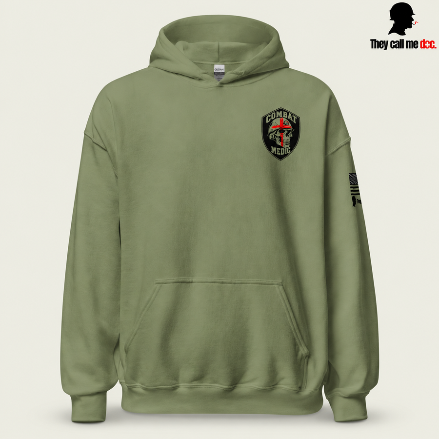 Combat Medic Skull Hoodie in military green, front view