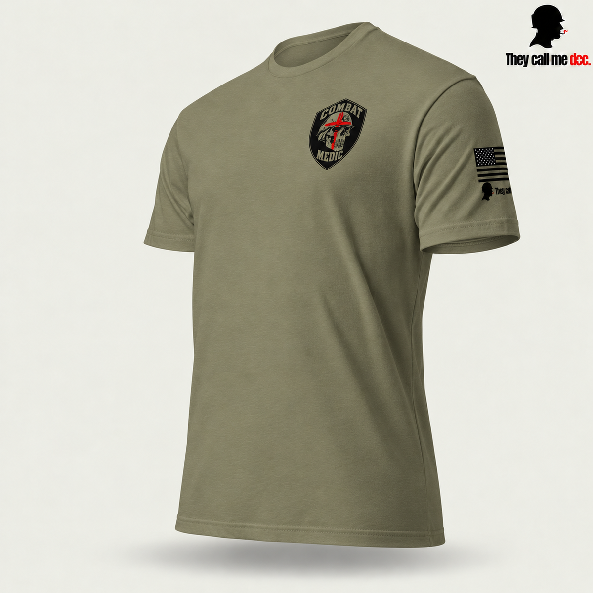 Combat Medic Skull T-Shirt, military green angle view