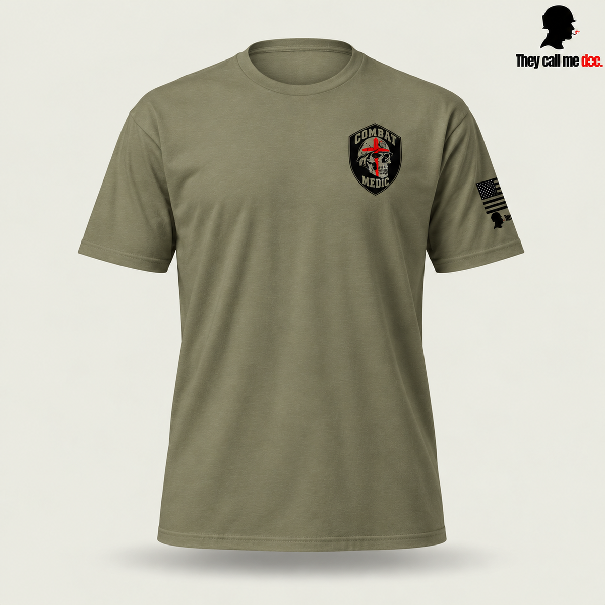 Combat Medic Skull T-Shirt, military green front view