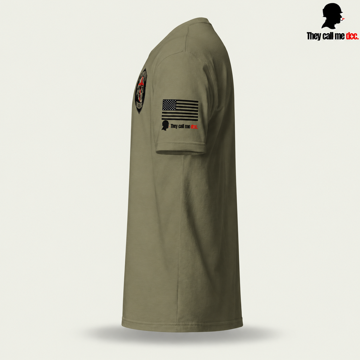 Combat Medic Skull T-Shirt, military green side view