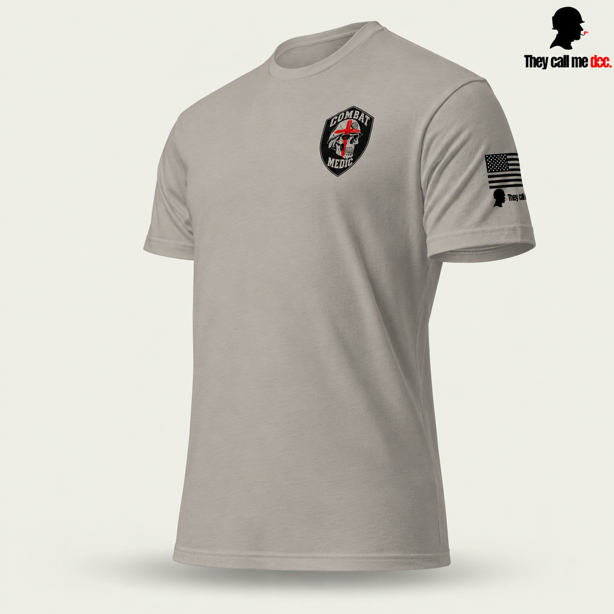 Combat Medic Skull T-Shirt, stone grey angle view