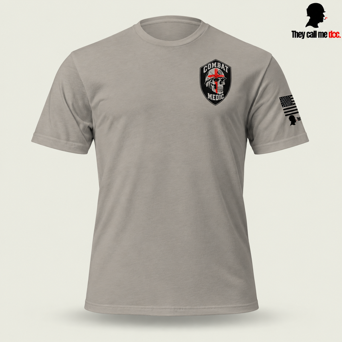 Combat Medic Skull T-Shirt, stone grey front view