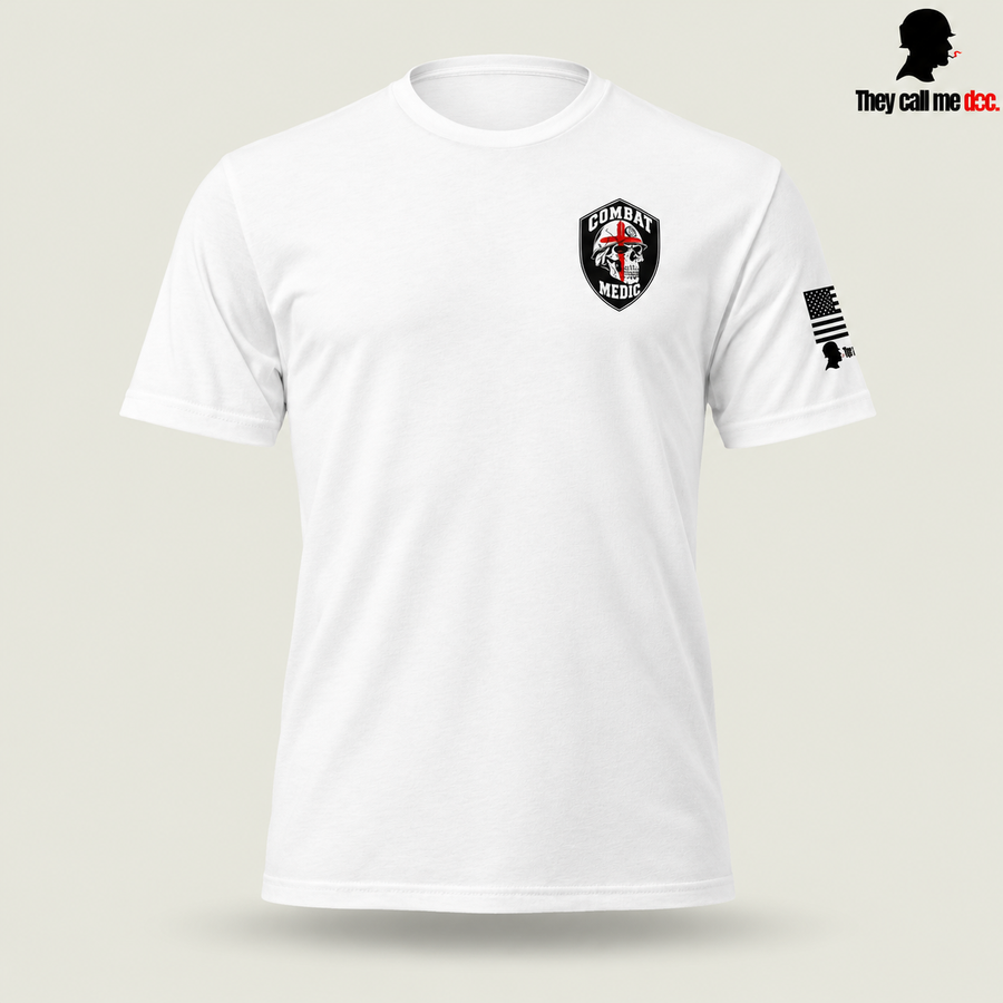 Combat Medic Skull T-Shirt, white front view