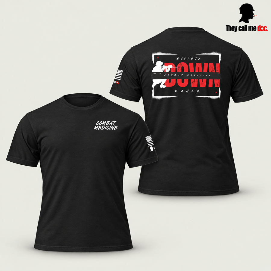 Combat Medicine T-Shirt in black, diagonal front and back view with soft bottom shadows