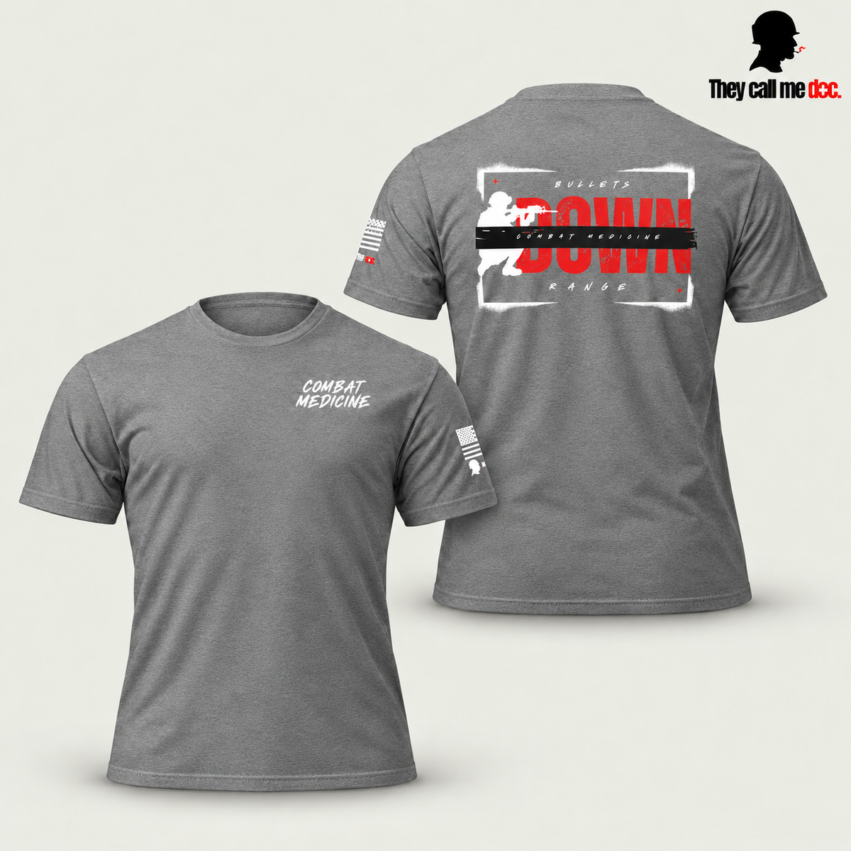 Combat Medicine T-Shirt in dark heather gray, front and back view with soft shadows