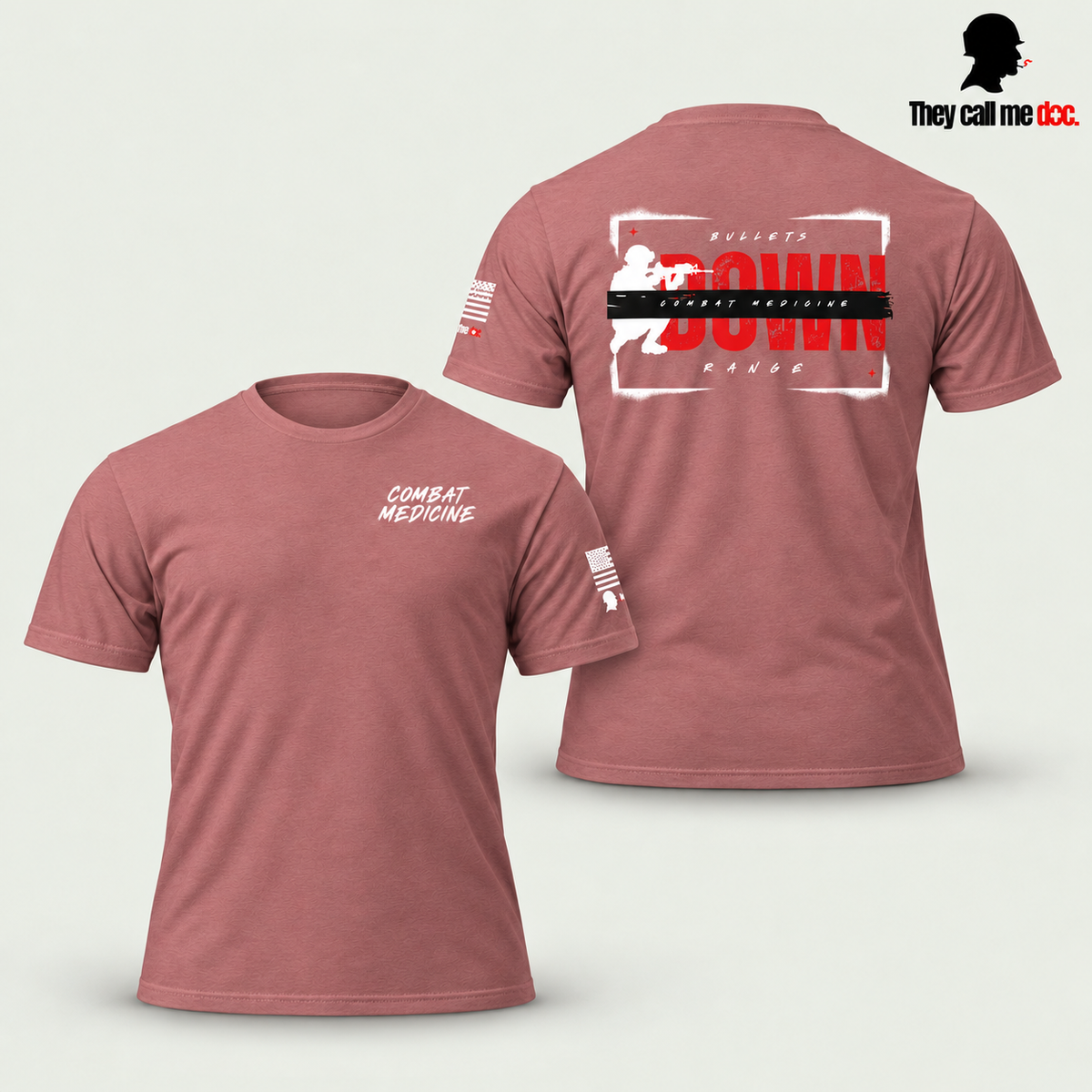 Combat Medicine T-Shirt in heather mauve, front and back view with soft shadows