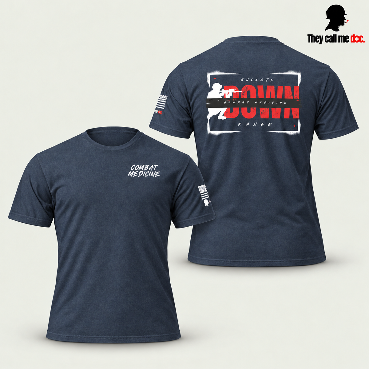 Combat Medicine T-Shirt in midnight navy, front and back view with soft shadows