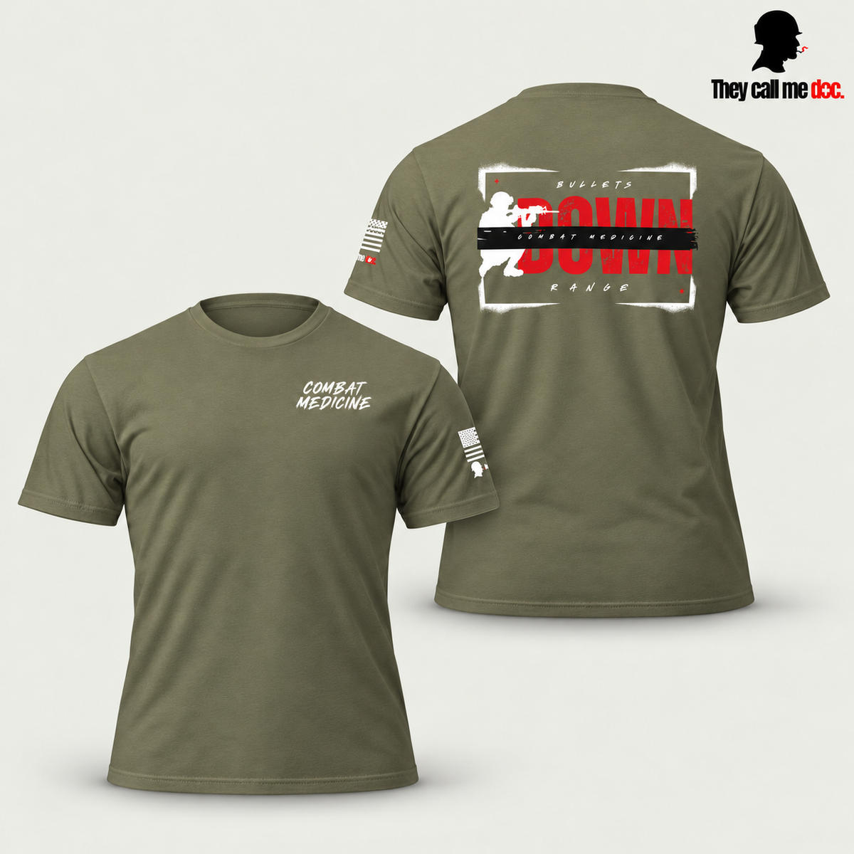 Combat Medicine T-Shirt in military green, front and back view with soft shadows