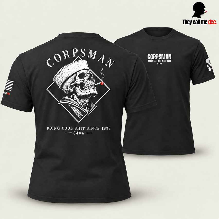 Corpsman 8404 T-Shirt in black, back design in foreground with front view behind