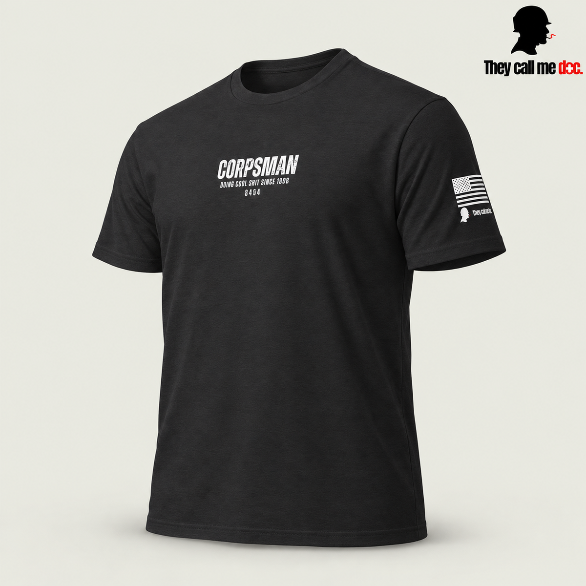 Corpsman 8404 T-Shirt in black, angled front view