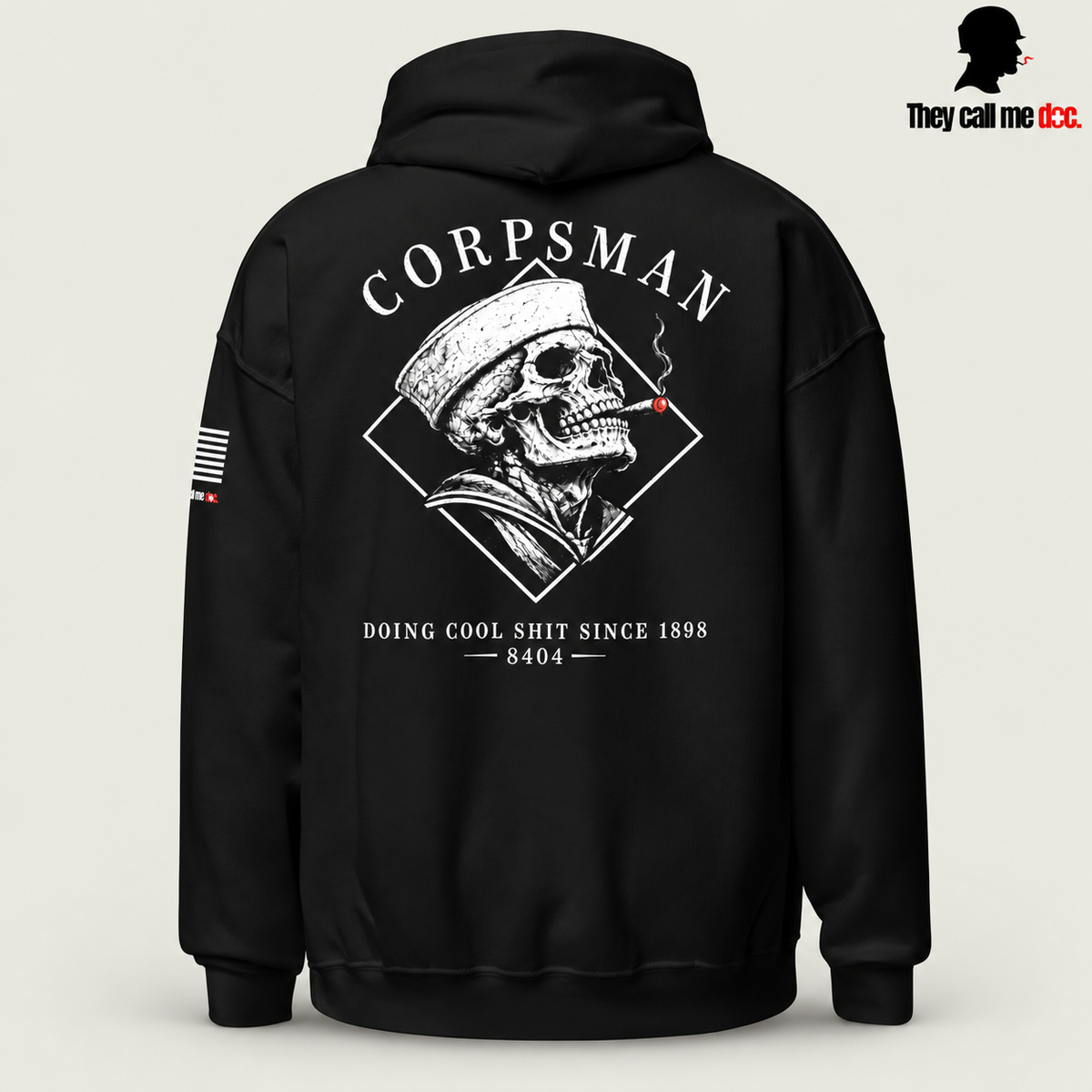 Corpsman 8404 Hoodie in black — back view with cigar-smoking skull and Doing Cool Shit Since 1898 graphic