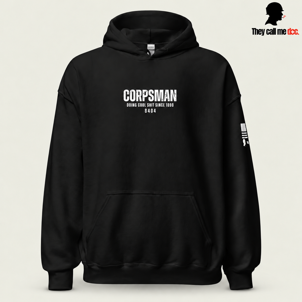 Corpsman 8404 Hoodie in black — front view with centered Corpsman 8404 chest print