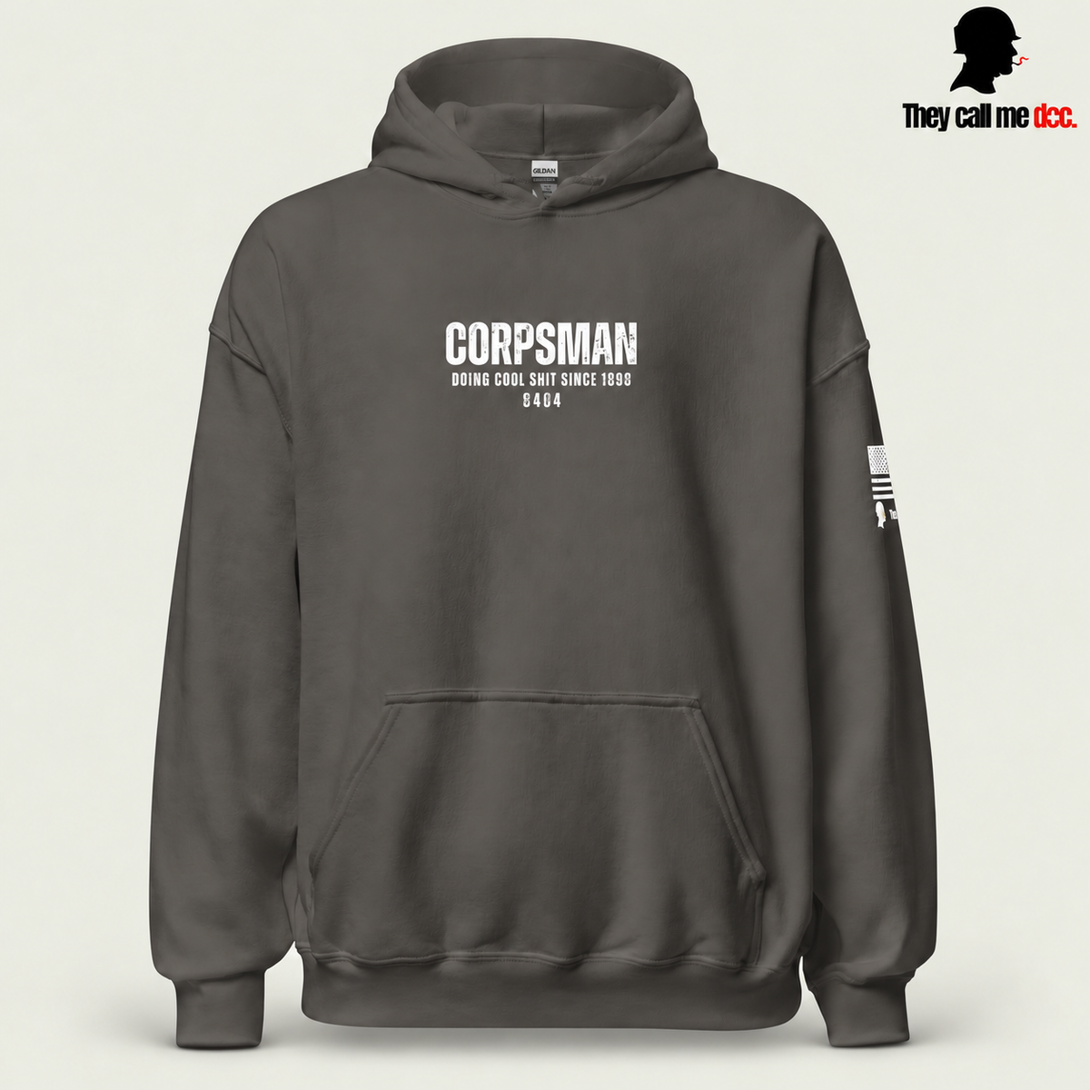 Corpsman 8404 Hoodie in charcoal — front view with centered Corpsman 8404 chest print