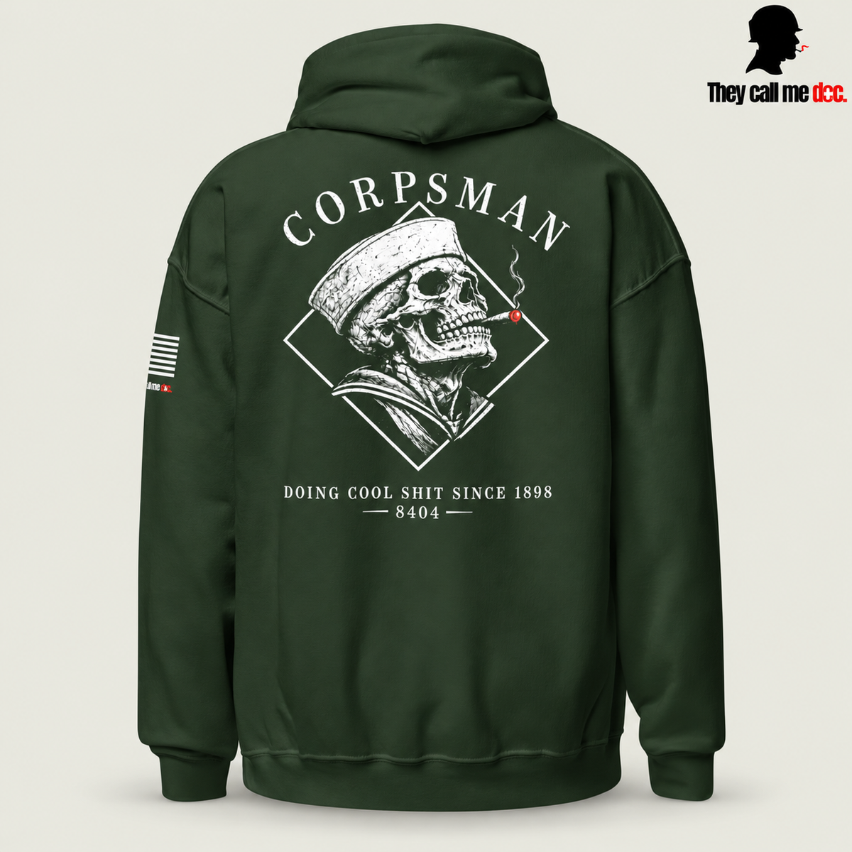 Corpsman 8404 Hoodie in forest green — back view with cigar-smoking skull and Doing Cool Shit Since 1898 graphic