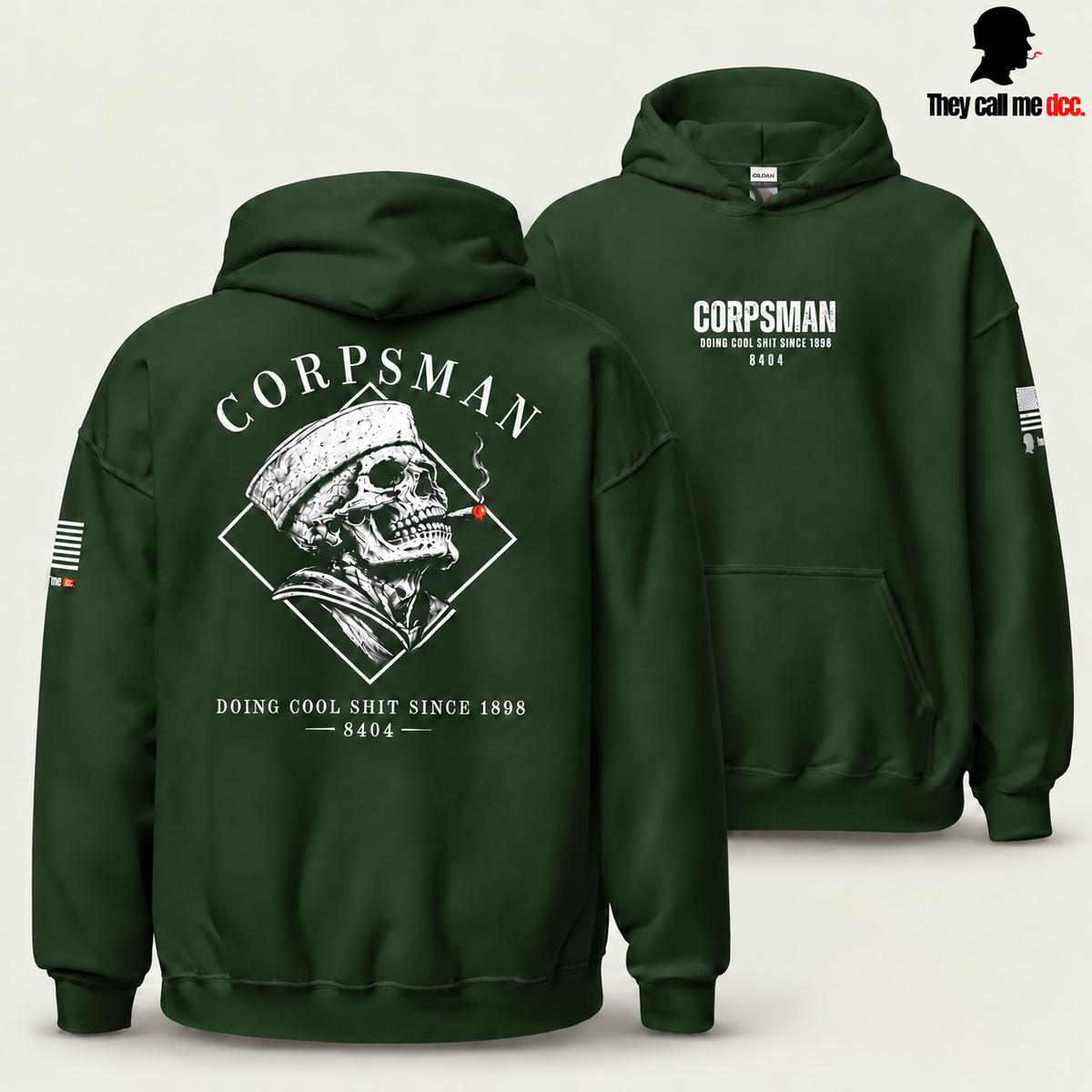 Corpsman 8404 Hoodie in forest green — back skull design in foreground with centered front chest print behind