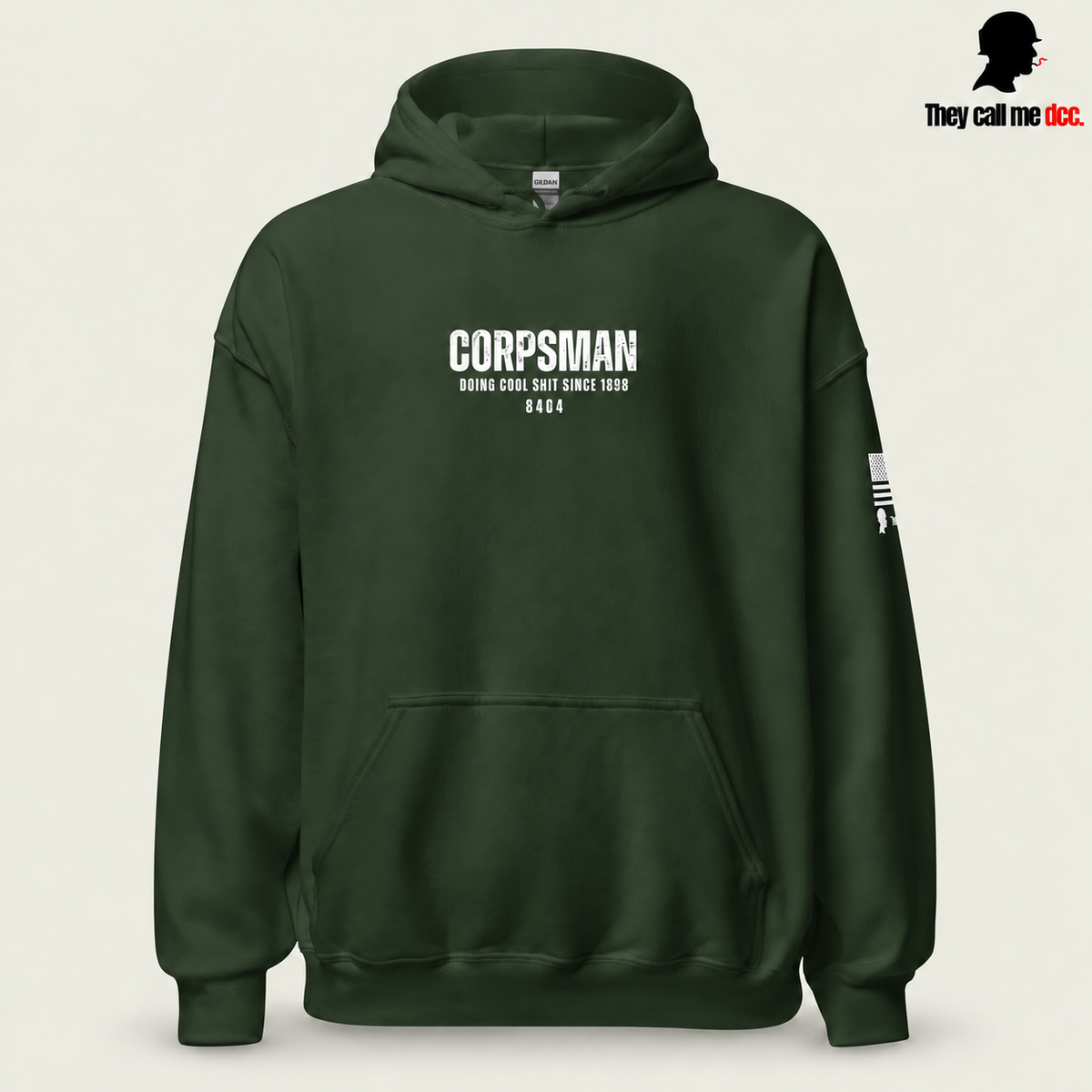 Corpsman 8404 Hoodie in forest green — front view with centered Corpsman 8404 chest print