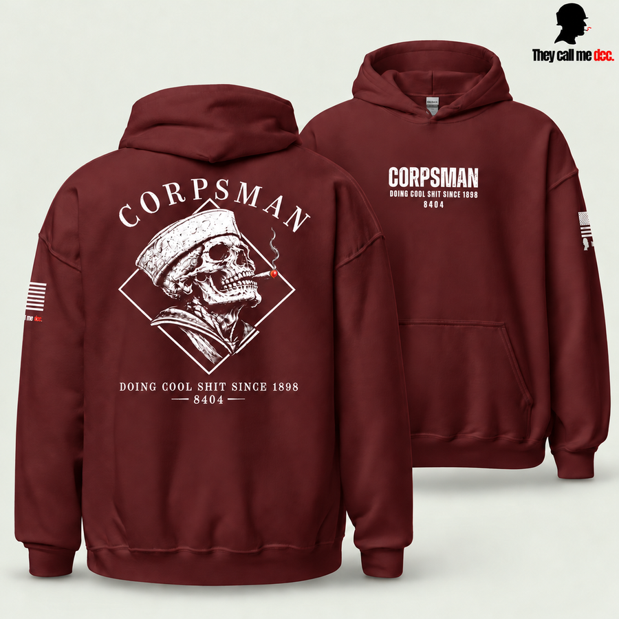 Corpsman 8404 Hoodie in maroon — back skull design in foreground with centered front chest print behind