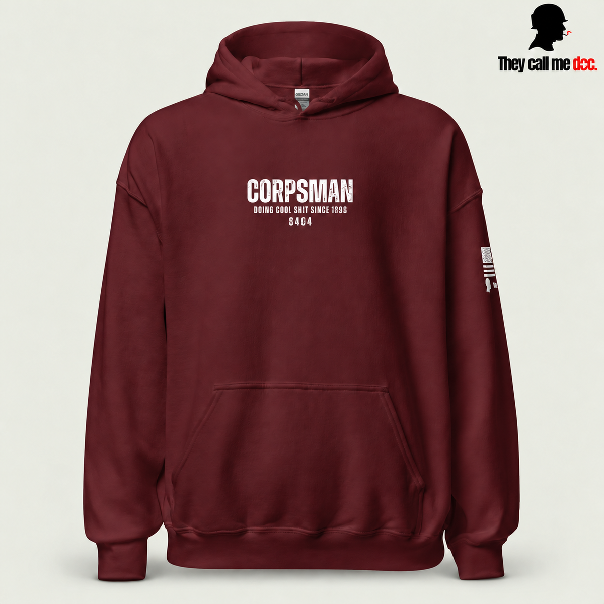 Corpsman 8404 Hoodie in maroon — front view with centered Corpsman 8404 chest print