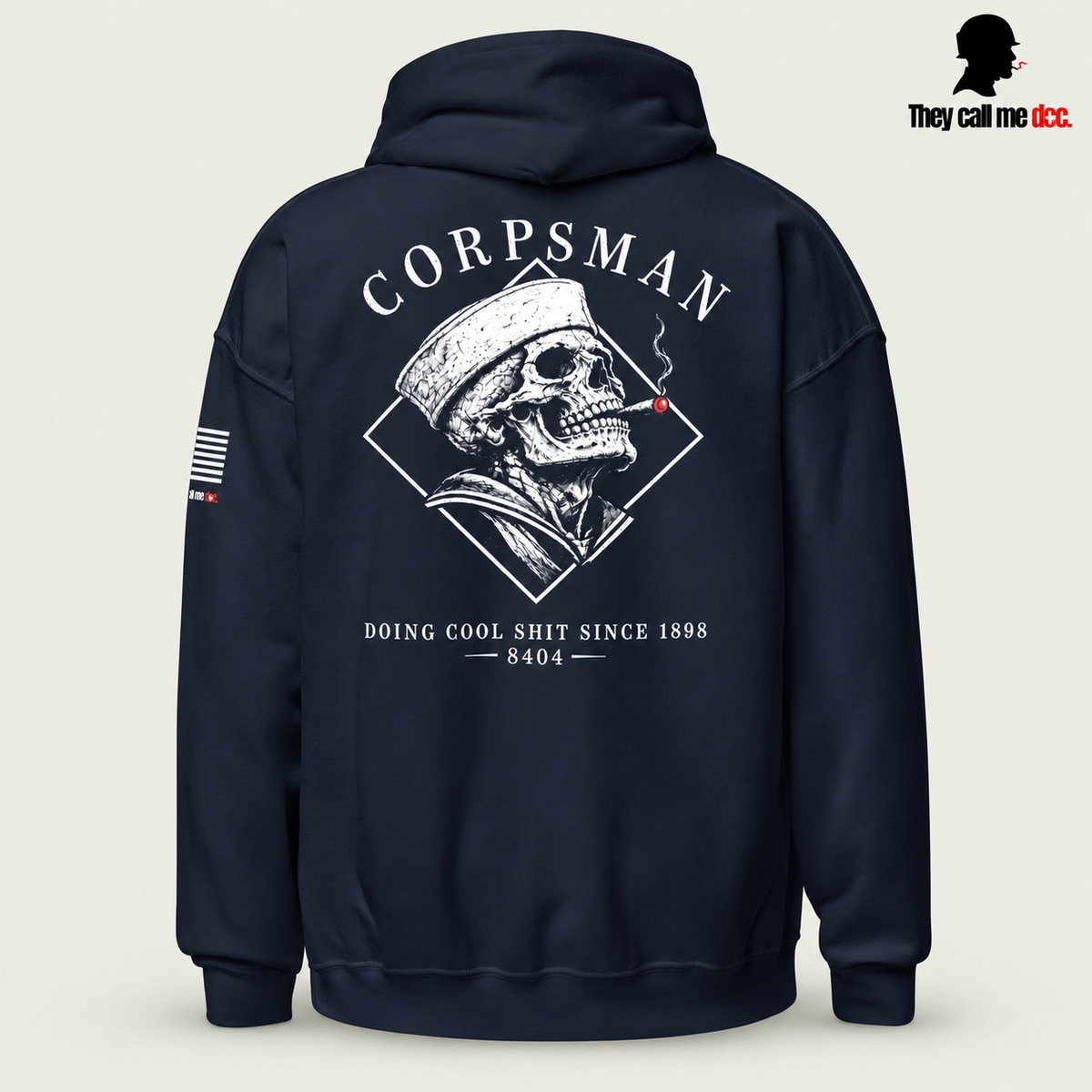 Corpsman 8404 Hoodie in navy — back view with cigar-smoking skull and Doing Cool Shit Since 1898 graphic