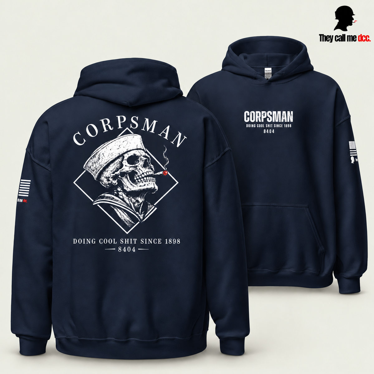 Corpsman 8404 Hoodie in navy — back skull design in foreground with centered front chest print behind