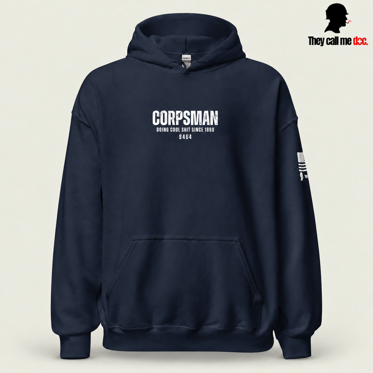 Corpsman 8404 Hoodie in navy — front view with centered Corpsman 8404 chest print