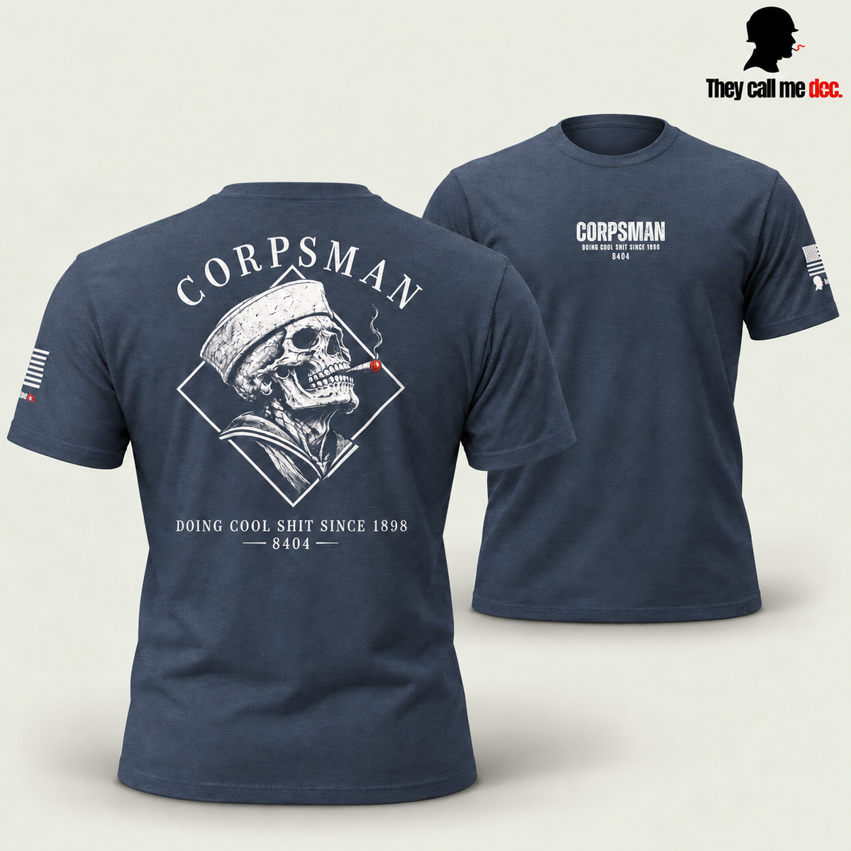 Corpsman 8404 T-Shirt in midnight navy, back design in foreground with front view behind