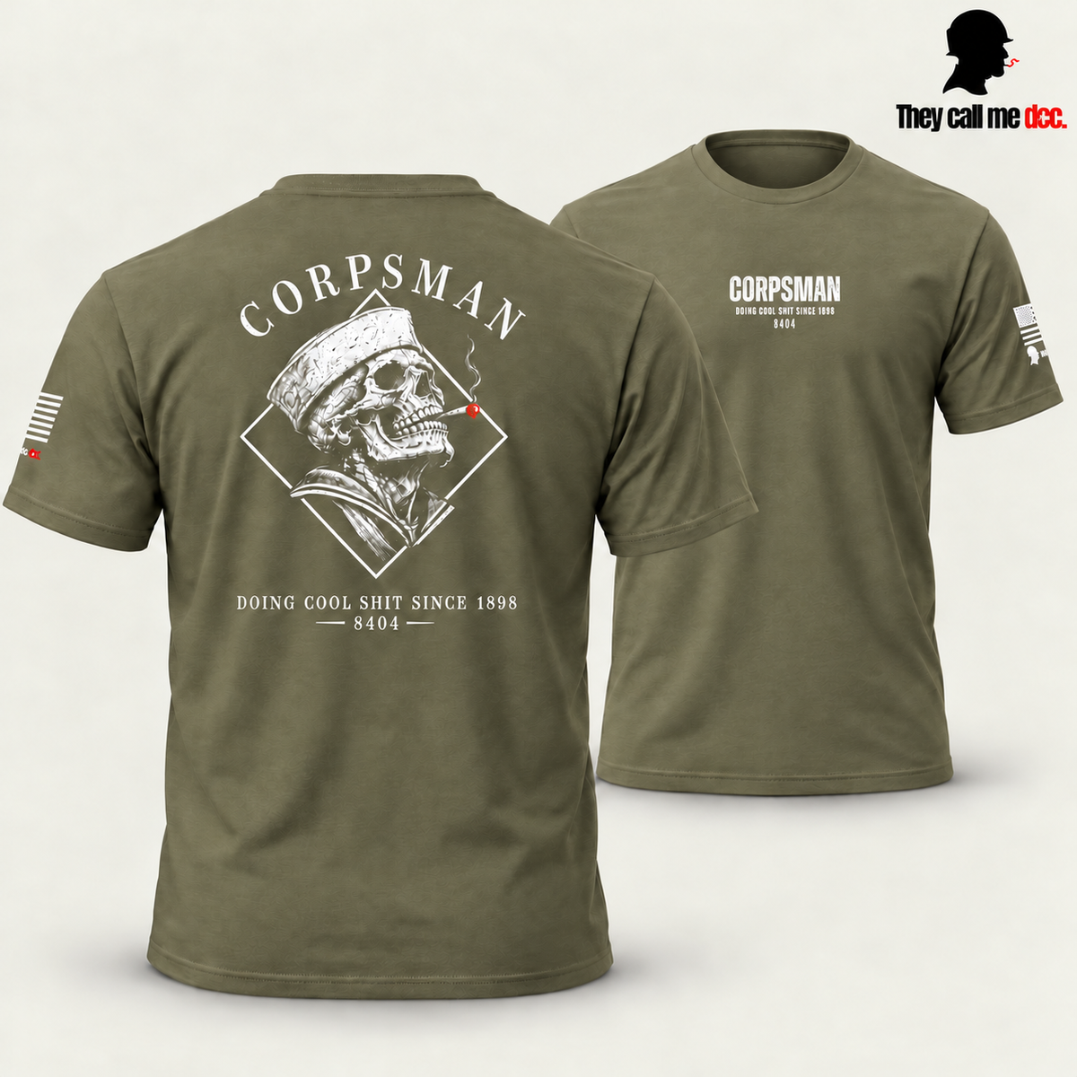 Corpsman 8404 T-Shirt in military green, skull back design in foreground with centered front chest print behind