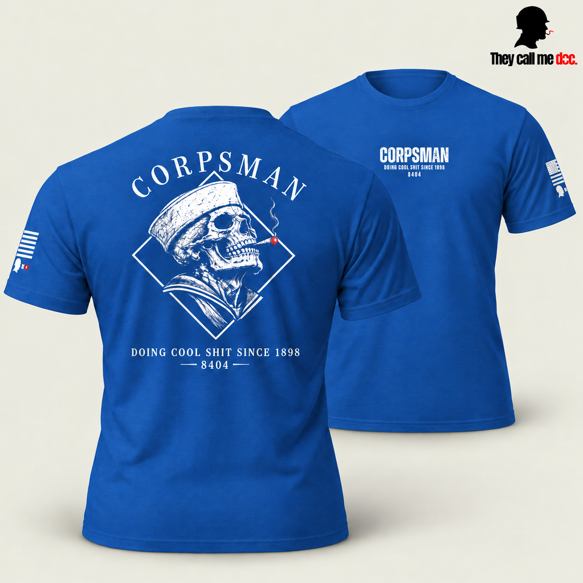 Corpsman 8404 T-Shirt in royal, back design in foreground with front view behind