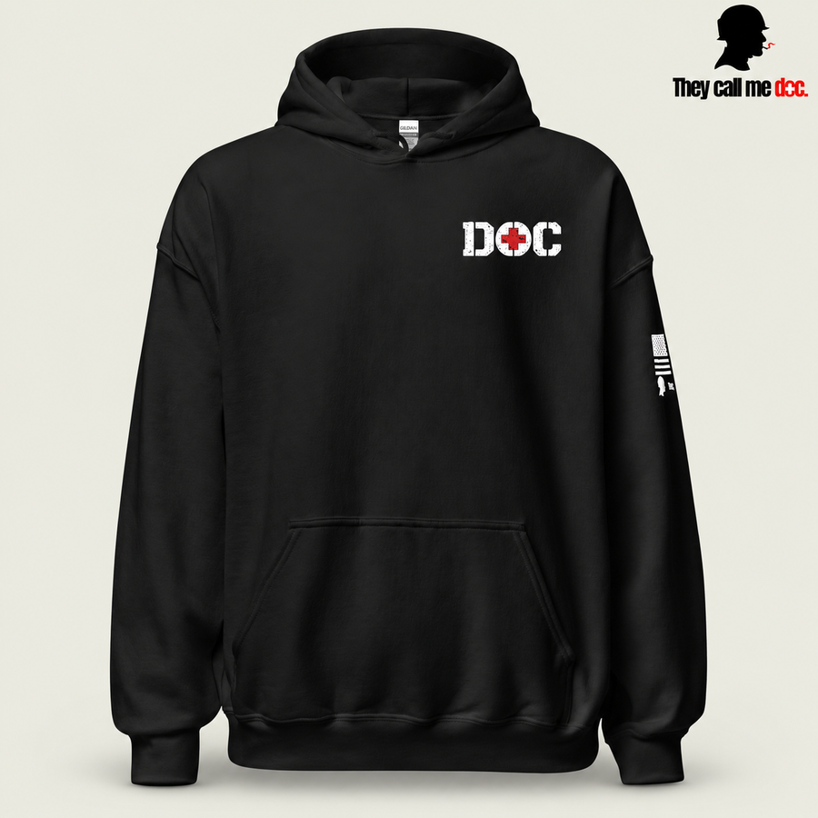 The Doc Standard Hoodie in black, front view