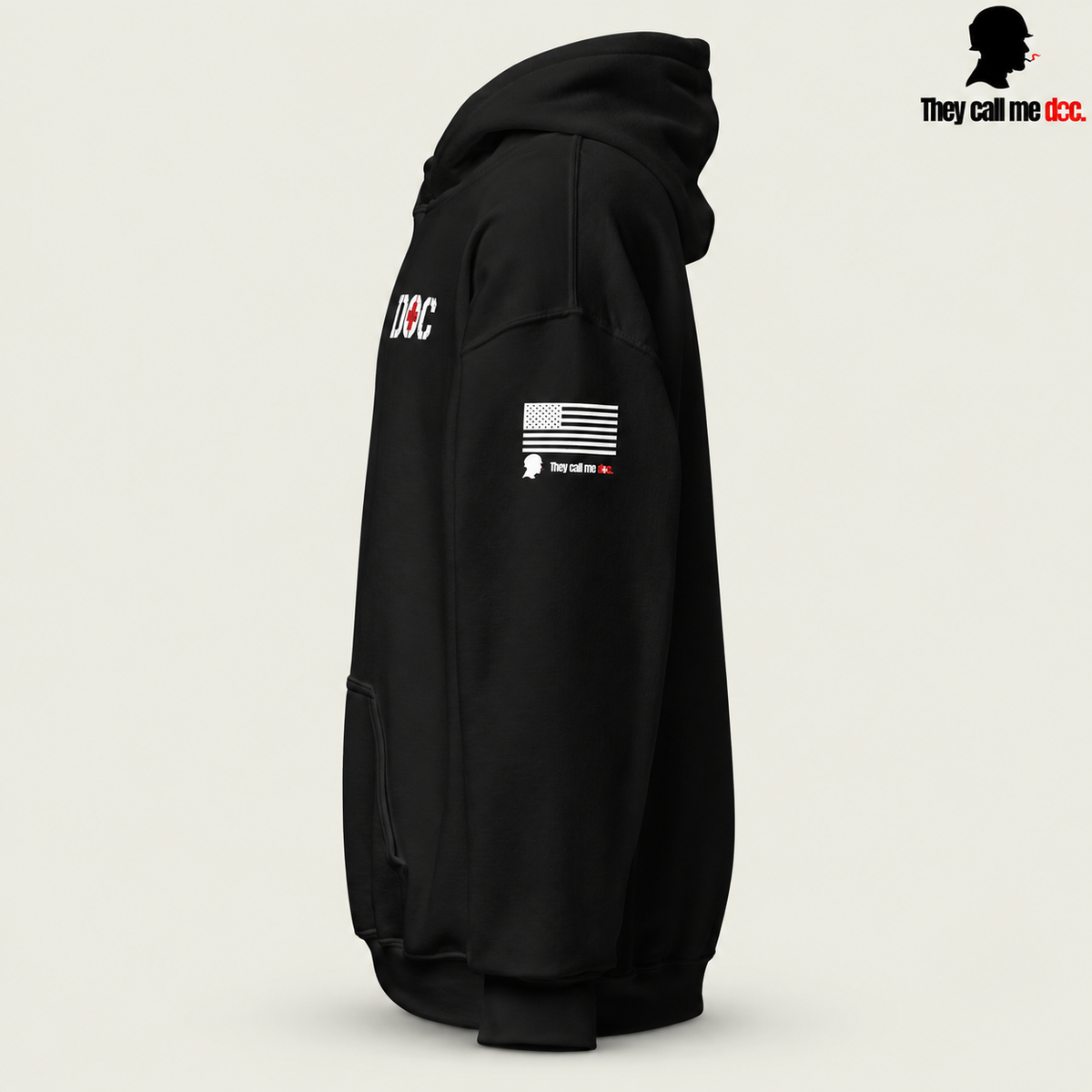 The Doc Standard Hoodie in black, left sleeve view