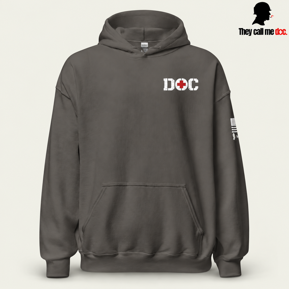 The Doc Standard Hoodie in charcoal, front view
