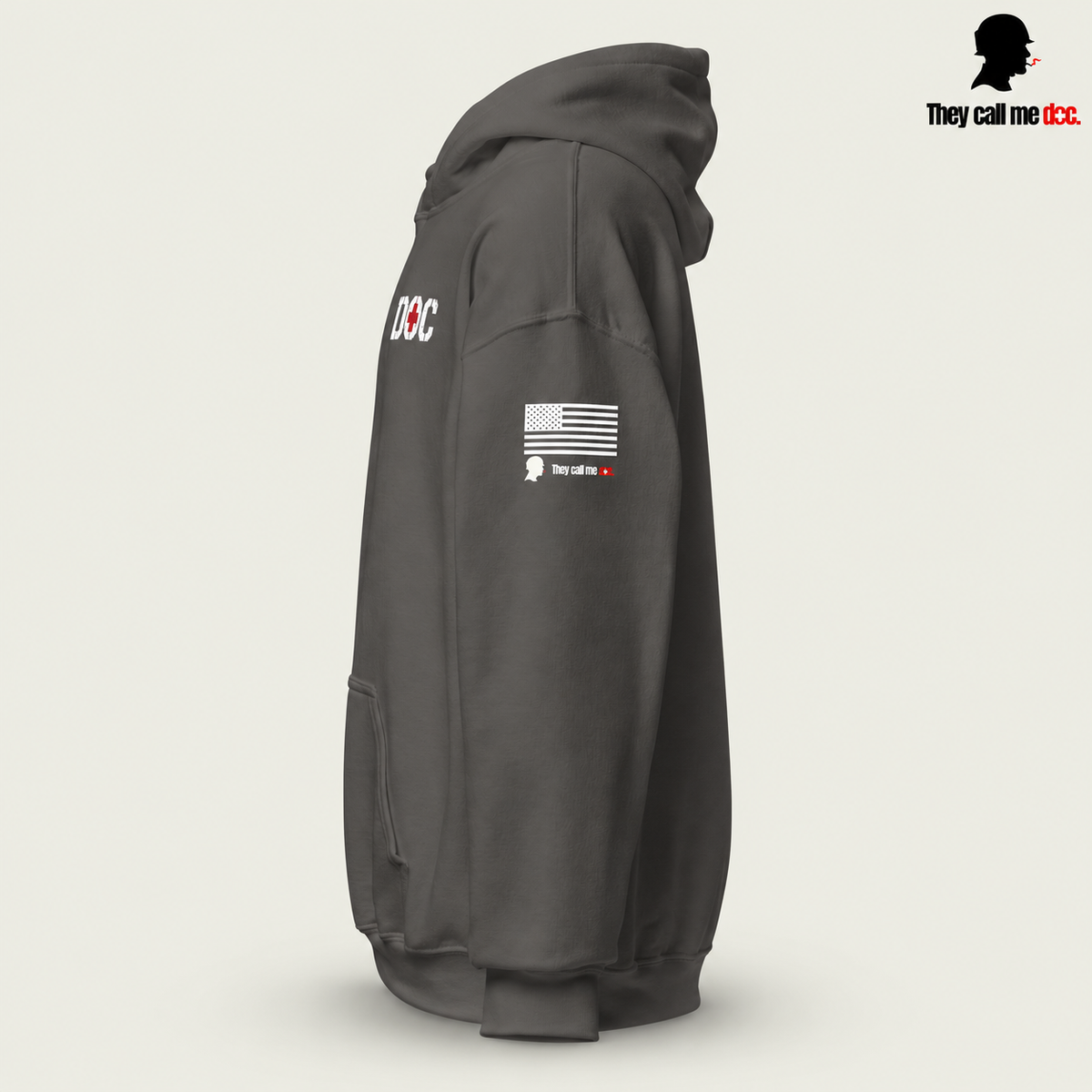 The Doc Standard Hoodie in charcoal, left sleeve view