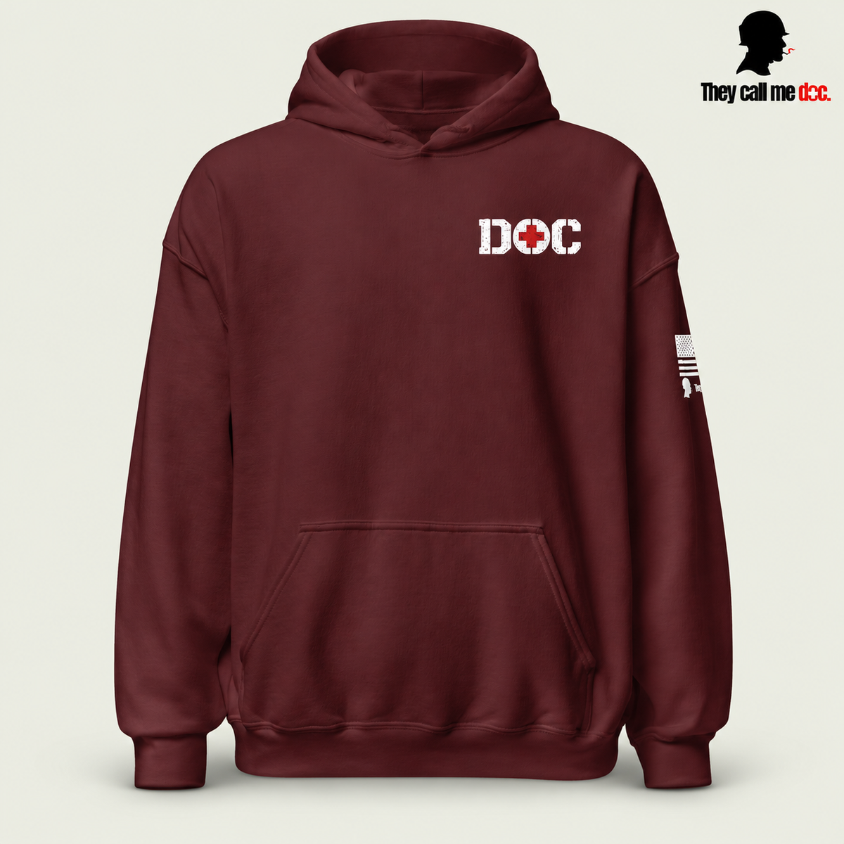 The Doc Standard Hoodie in maroon, front view