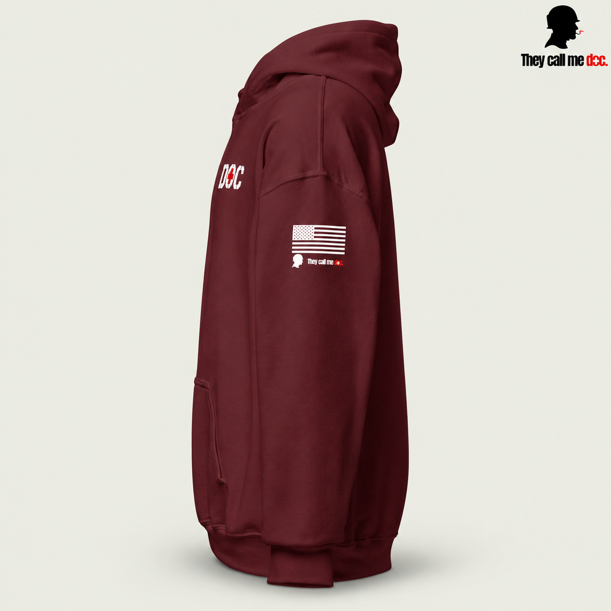 The Doc Standard Hoodie in maroon, left sleeve view