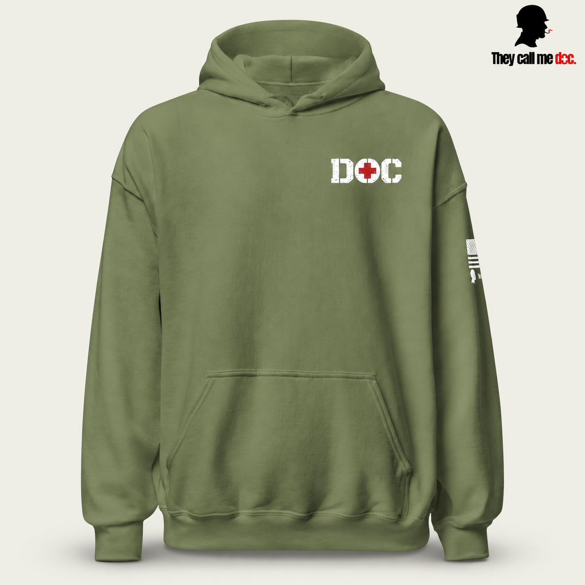 The Doc Standard Hoodie in military green, front view