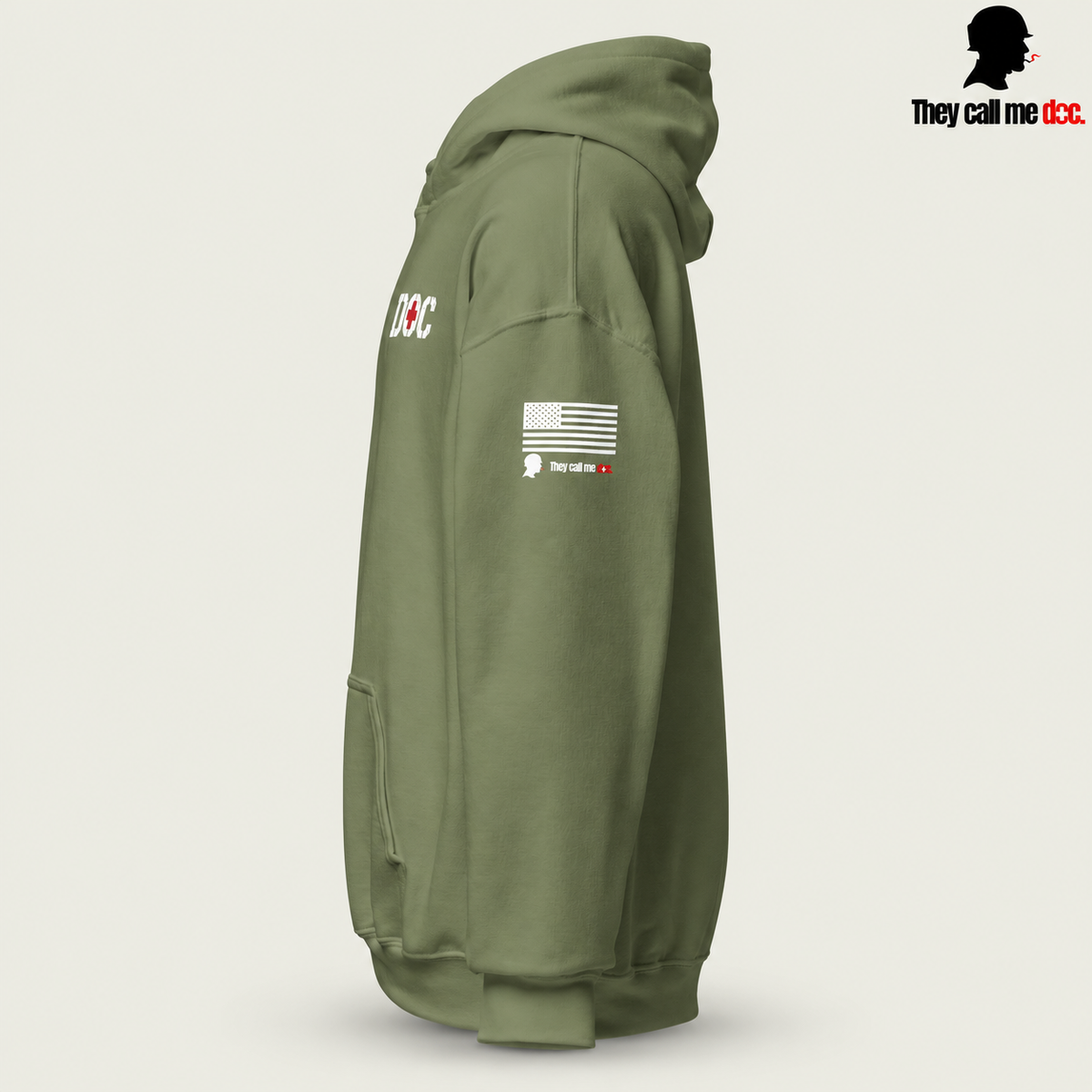 The Doc Standard Hoodie in military green, left sleeve view