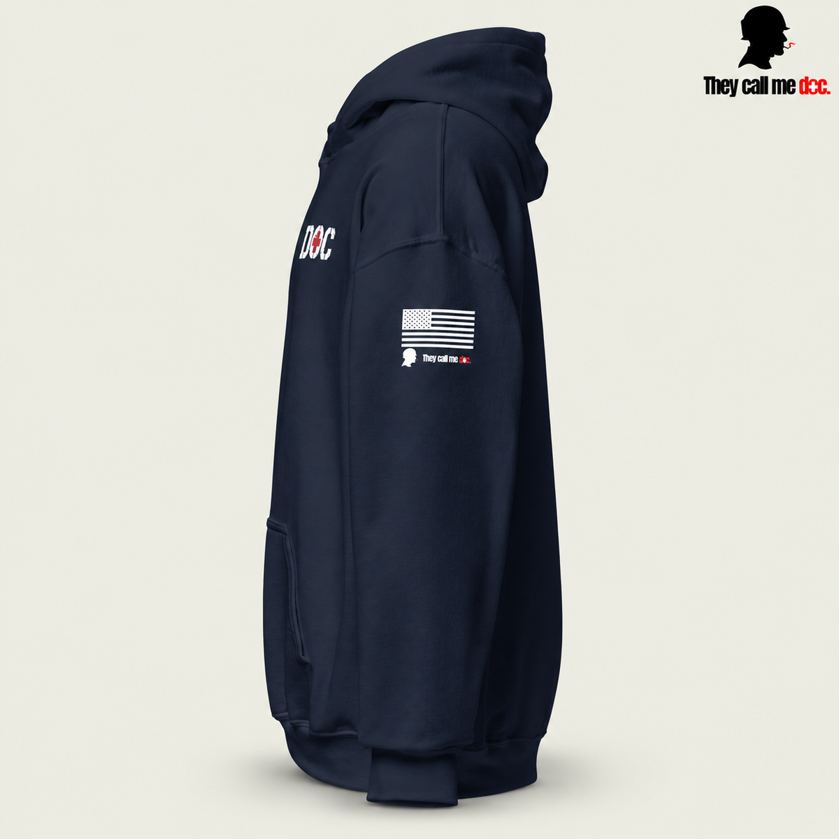 The Doc Standard Hoodie in navy, left sleeve view