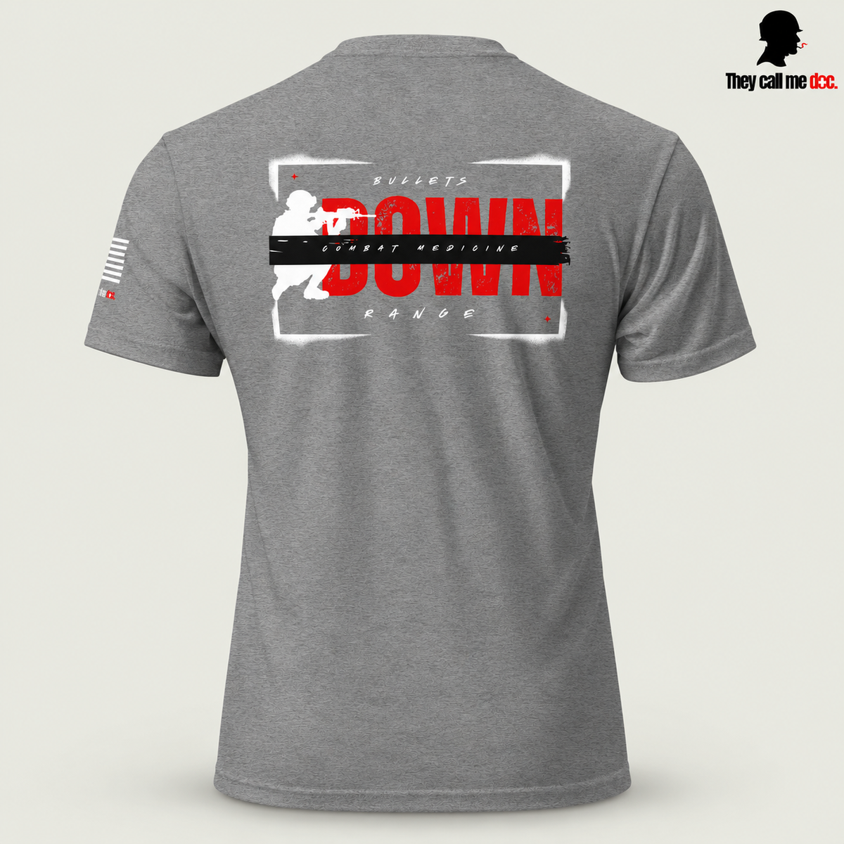 Downrange Combat Medicine T-Shirt in dark heather gray, back view