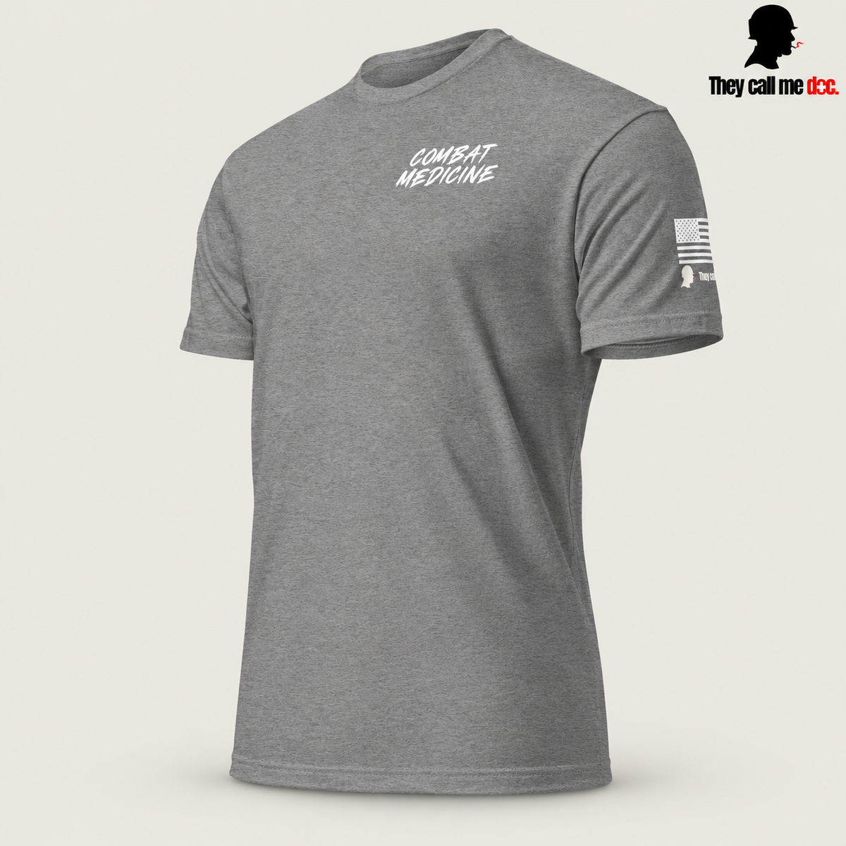 Downrange Combat Medicine T-Shirt in dark heather gray, left front view