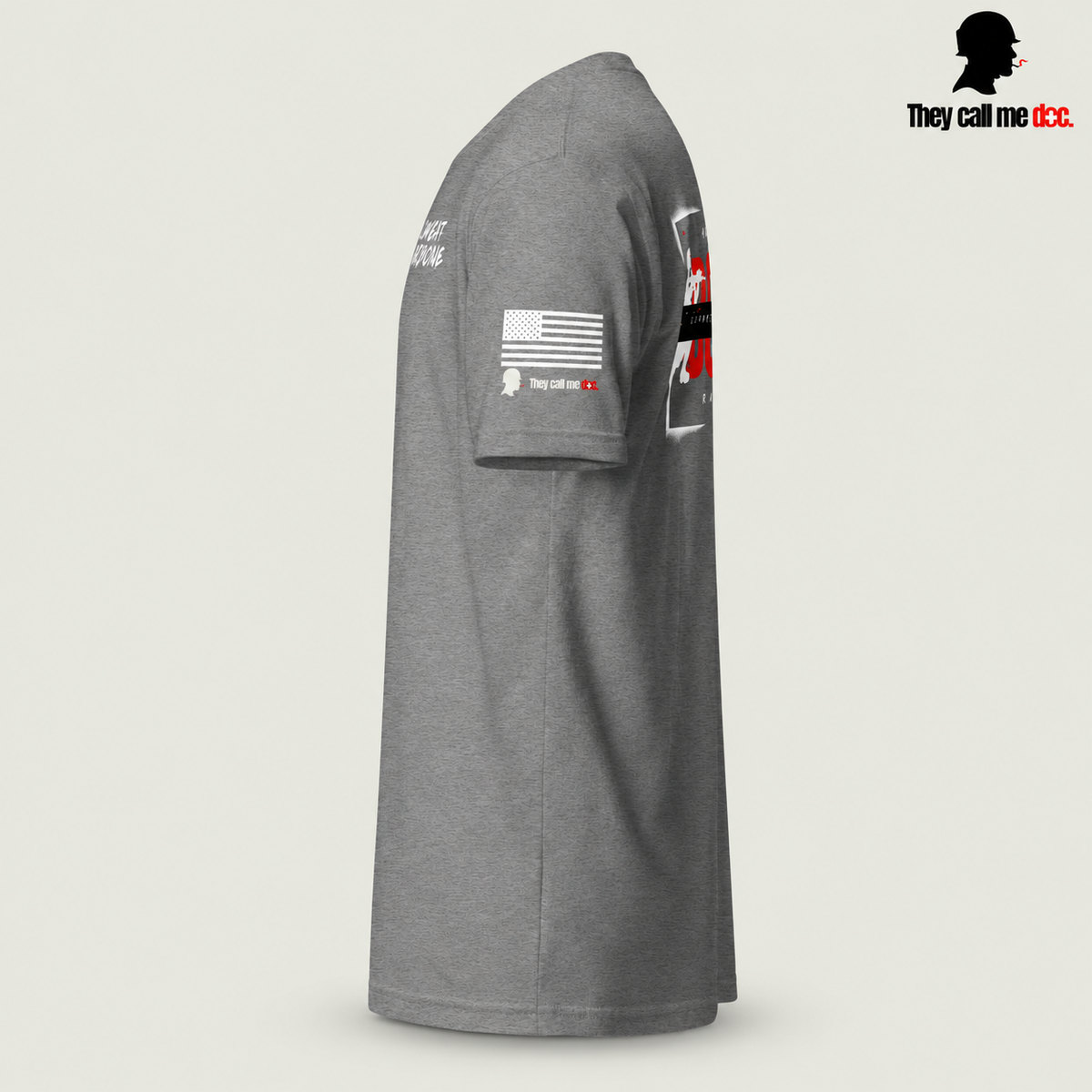 Downrange Combat Medicine T-Shirt in dark heather gray, left view