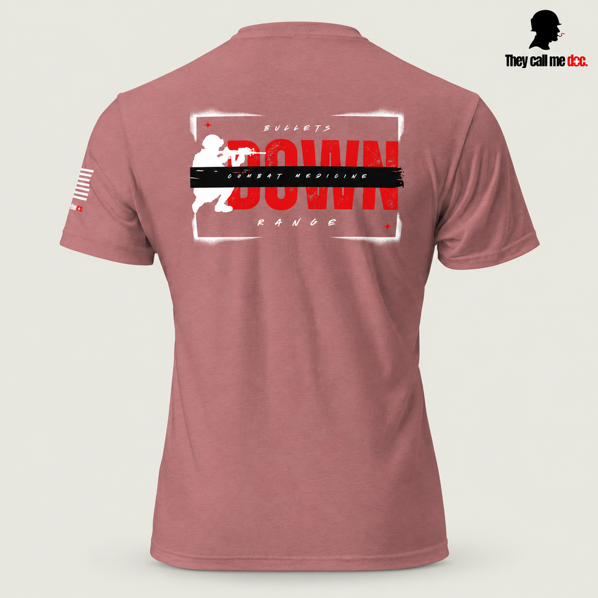 Downrange Combat Medicine T-Shirt in heather mauve, back view