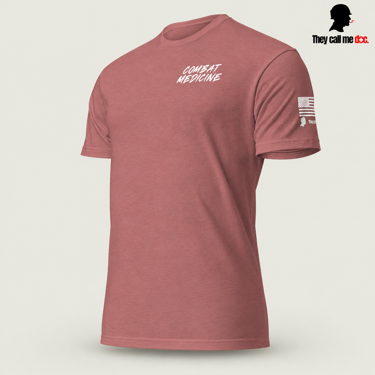Downrange Combat Medicine T-Shirt in heather mauve, left front view