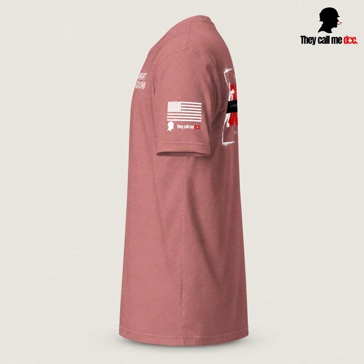 Downrange Combat Medicine T-Shirt in heather mauve, left view