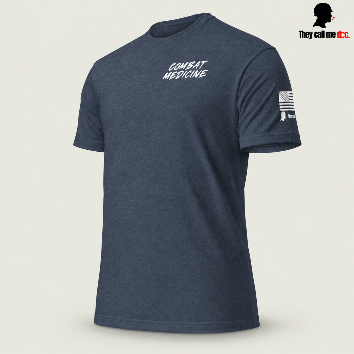 Downrange Combat Medicine T-Shirt in midnight navy, left front view