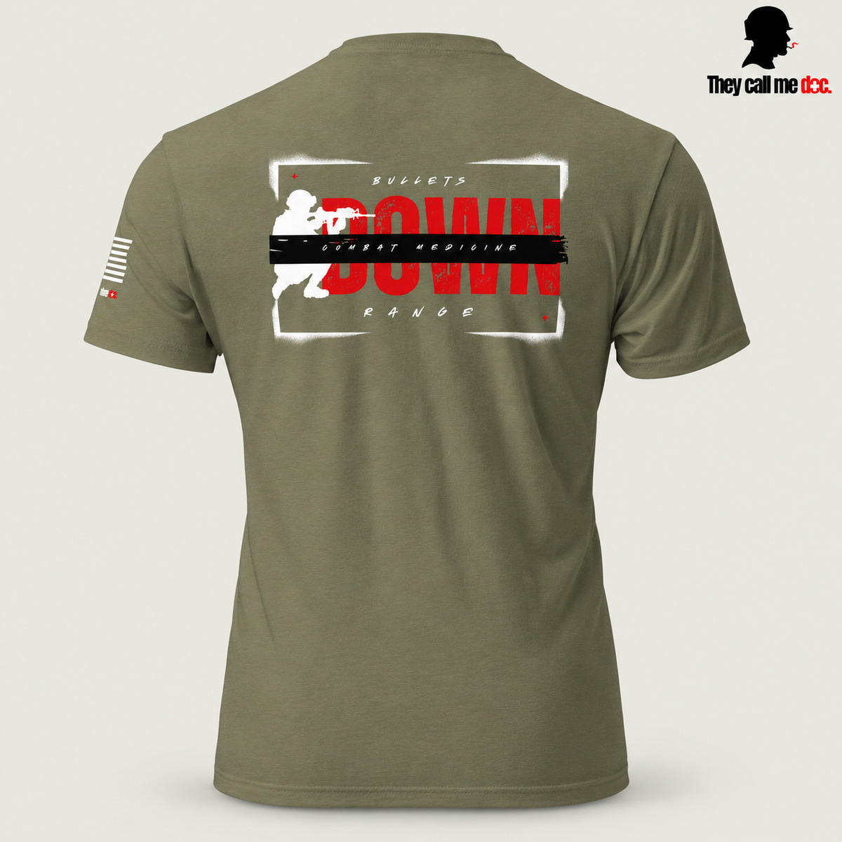 Downrange Combat Medicine T-Shirt in military green, back view