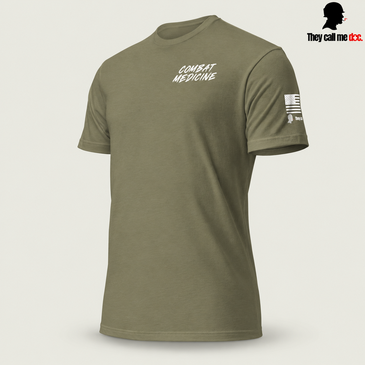 Downrange Combat Medicine T-Shirt in military green, left front view