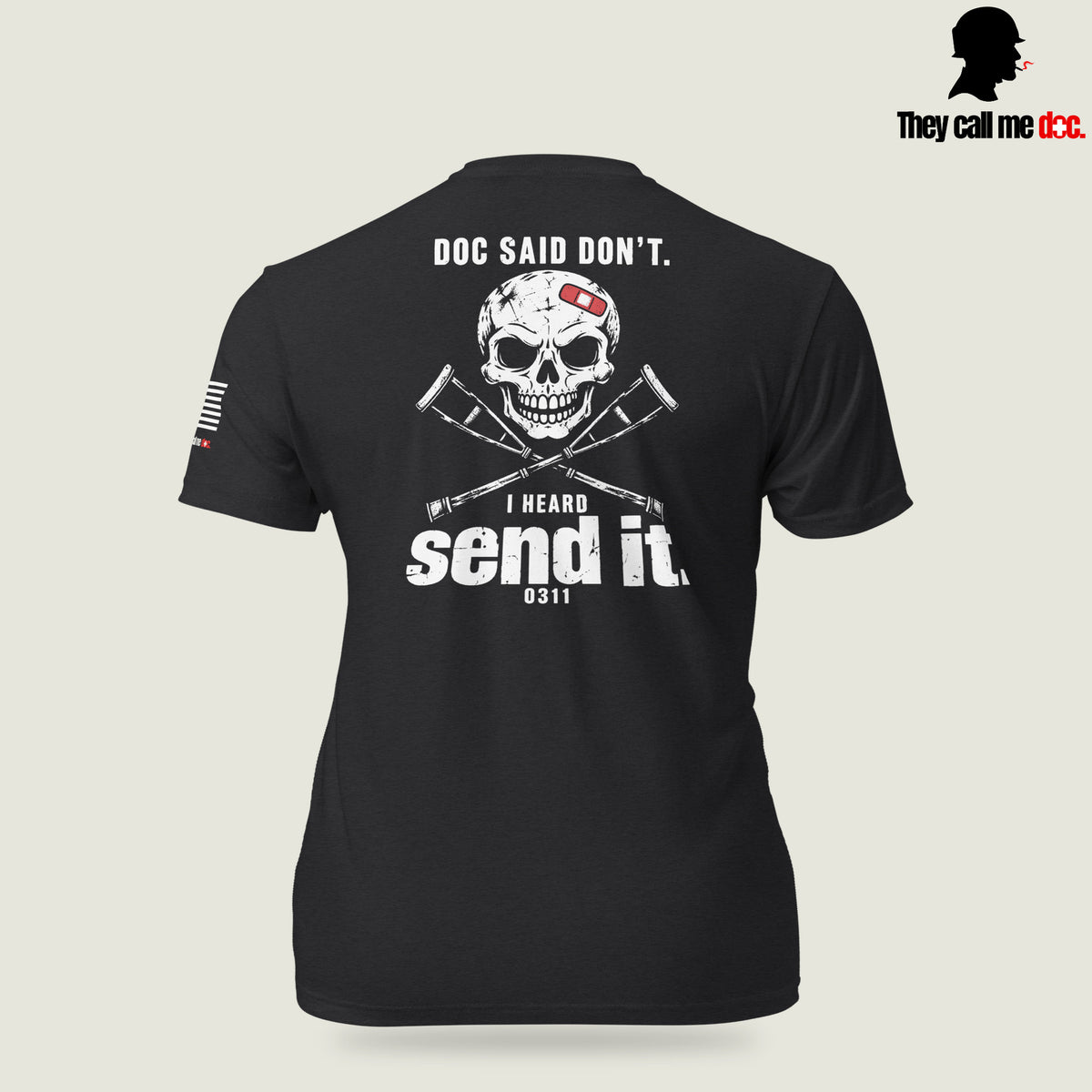 Grunt 0311 unisex T-shirt in Black, back view, with Marine infantry and corpsman humor design — They Call Me Doc.